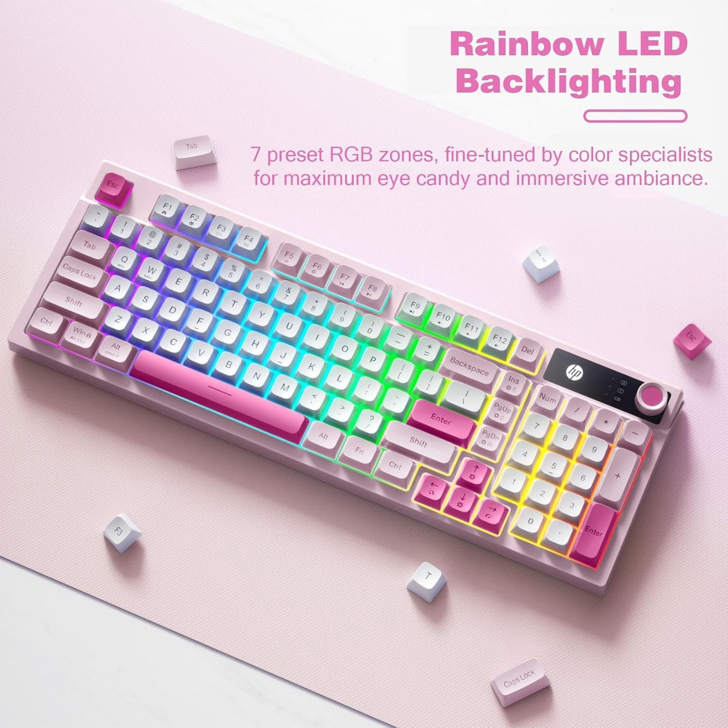 HP K500F Wireless Keyboard – Tri-Mode Bluetooth 5.0 / 2.4GHz / USB-C, RGB Backlit, Pink Gaming Keyboard with Volume Knob, Rechargeable for Windows PC