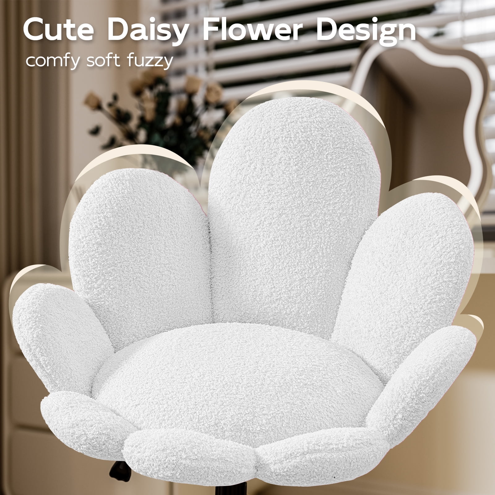 Solfway White Vanity Chair with Wheels and Back, Cute Daisy Flower Comfy Upholstered Fuzzy Vanity Desk Chair for Girls Makeup, Swivel Rolling, and Height Adjustable
