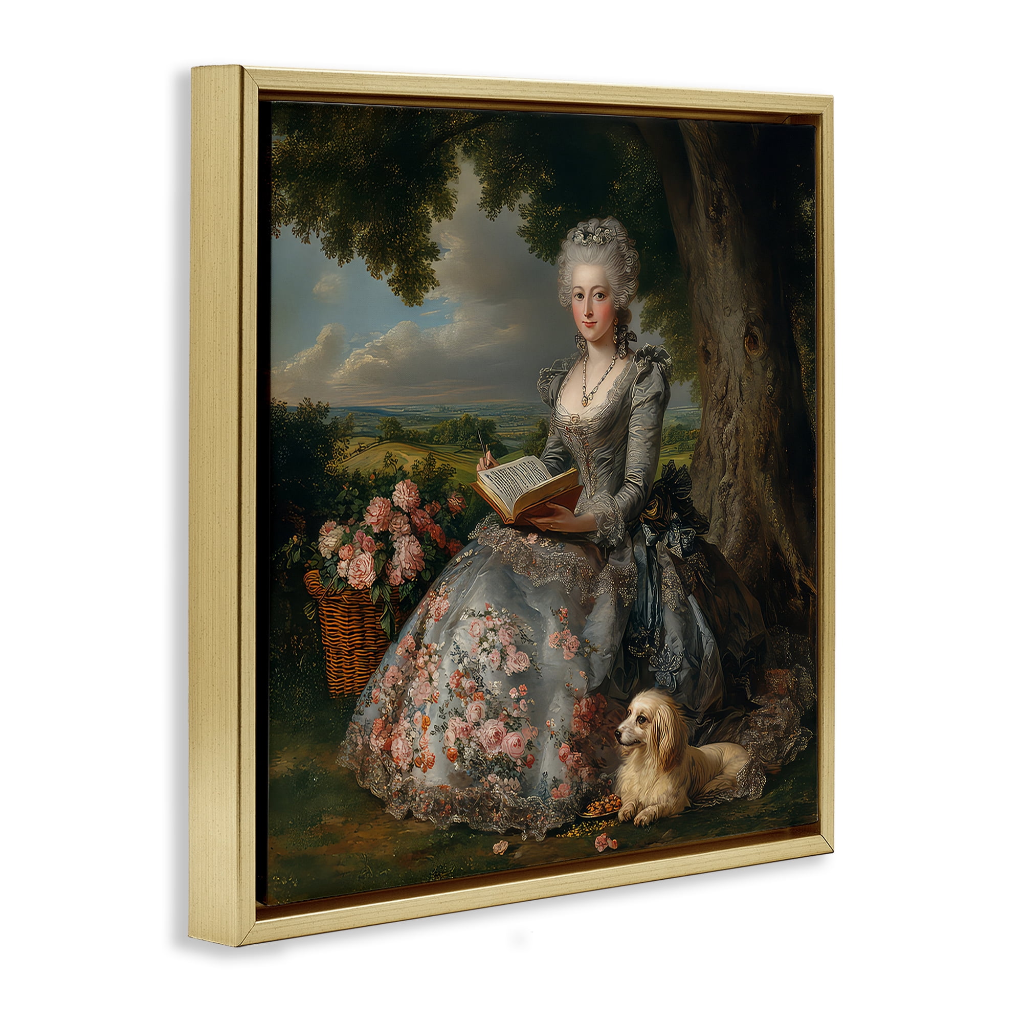 Stupell Industries Reading Rococo Lady with Dog Gold Framed Floater Canvas Wall Art, design by The Wands Want