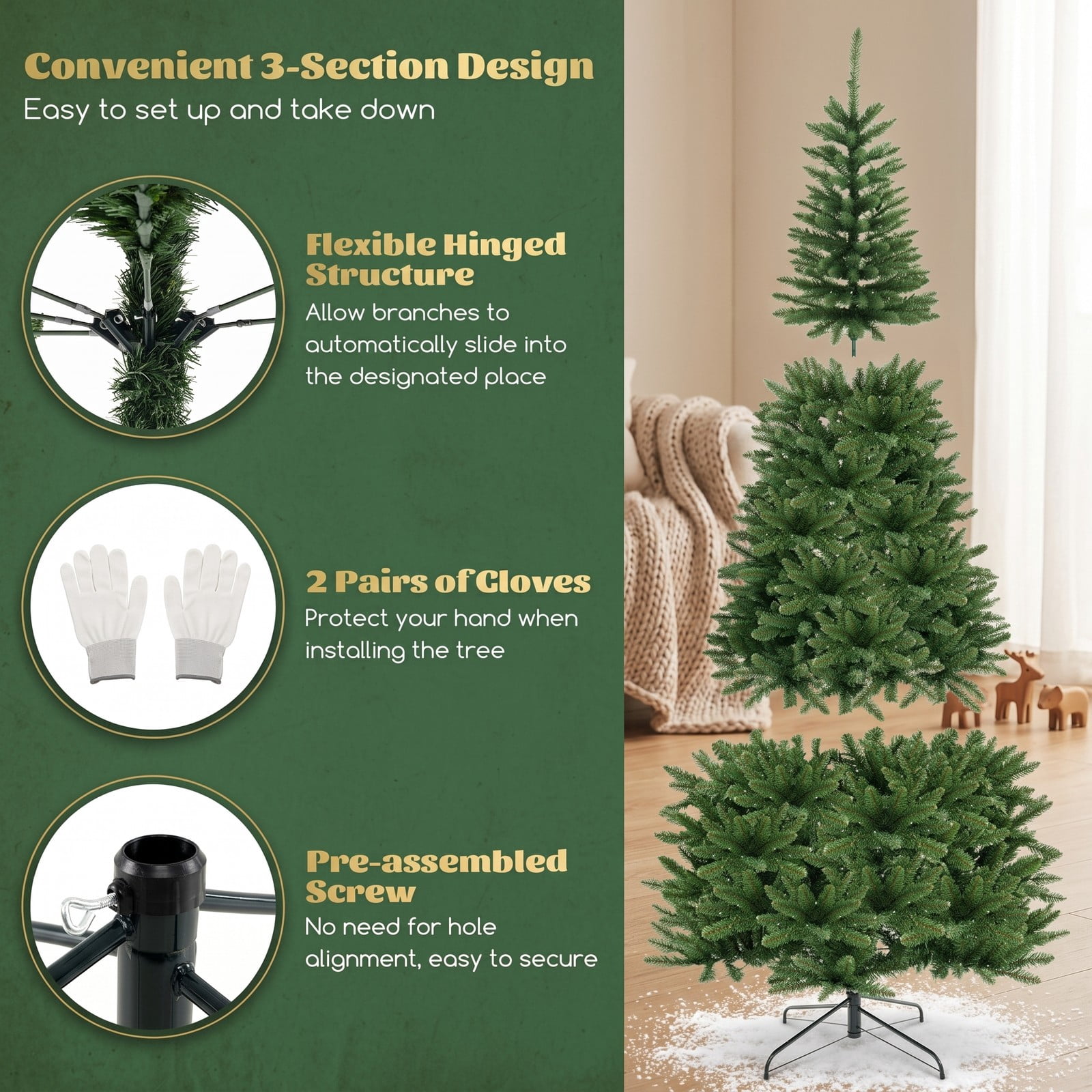 RUIE 8 FT Corner Artificial Christmas Tree, 1137 Branch Tips 360 Warm White LED Lights, Space-Saving 270 Degree Pre-Lit Hinged Xmas Tree with Metal Stand for, Green