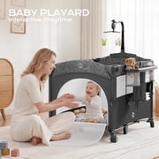5 in 1 Pack and Play, Easy Folding Portable Playards, Baby Bassinet Bedside Crib with Mattress, Diaper Changer and Music Mobile