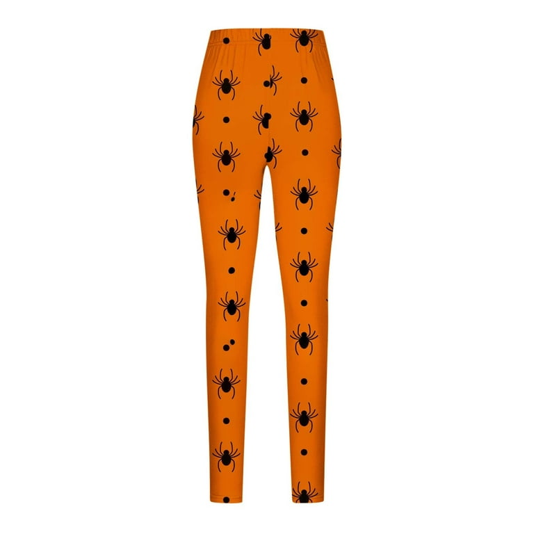 safuny Women's Yoga Legging Pants High Rise Halloween Casual Comfy Girls  Relaxed Trendy Trousers Pumpkin Flying Spider-Web Teen White XXL