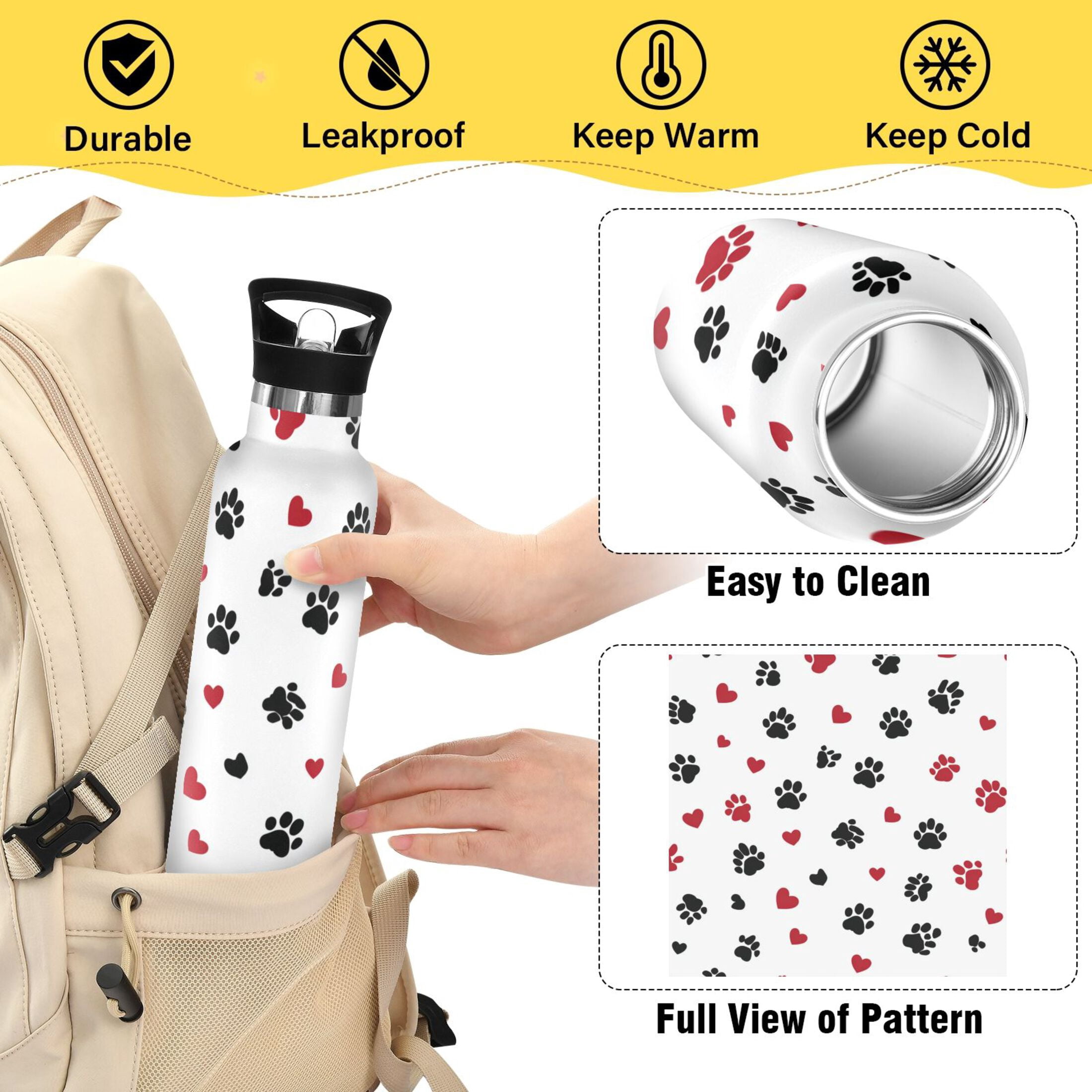 Kids Insulated Stainless Steel Sports Water Bottle 600ml Black Paws and Hearts Pattern