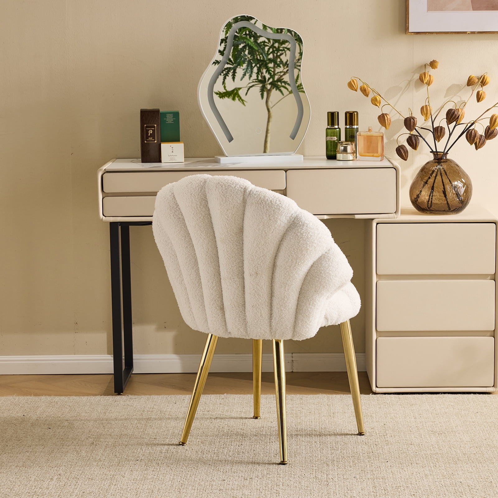 Ktaxon Vanity Makeup Chair with Teddy Velvet, Shell Design Accent Desk Chair with Lumbar Pillow and Gold Legs, Office Seating for Women Light Khaki