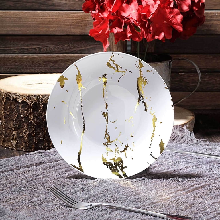 10-Pack White Plastic Scalloped Dessert Plates With Gold Rim - Elegant For Weddings, Parties, Holidays