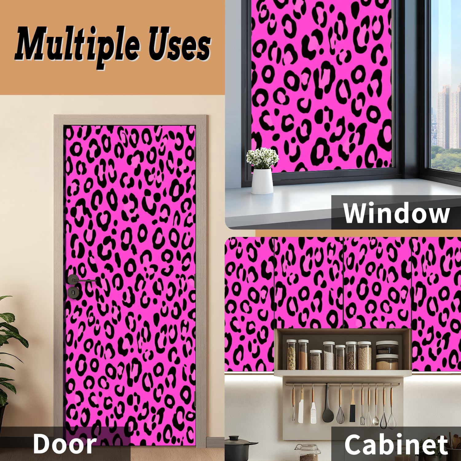 Self Adhesive Vinyl Refrigerator Wrap Set Leopard Print Pink Door Mural Removable Fridge Sticker Peel and Stick&nbsp;Full Door Cover Decal Kitchen Bar Decor