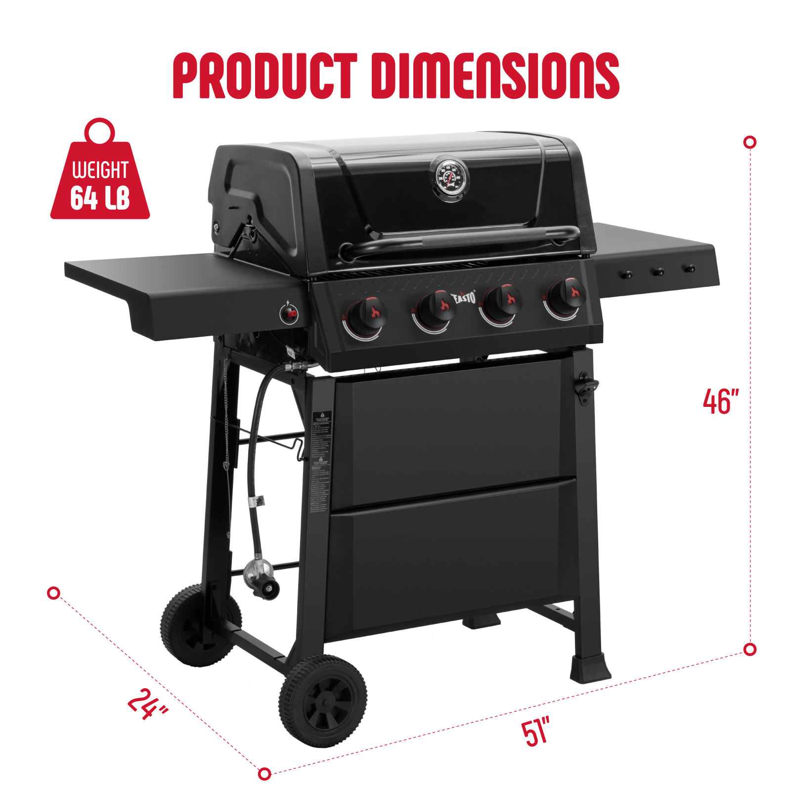 Feasto 4-Burner Propane Gas Grill, Outdoor Grill with 2 Side Tables and Porcelain-Enameled Grates, Black