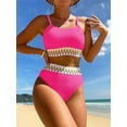 thumbnail image 7 of Spandex Swimsuit Set for Women, Ribbed Contrast High Waisted Tummy Control Bikini 2 Piece, Pink, XXL, 7 of 7