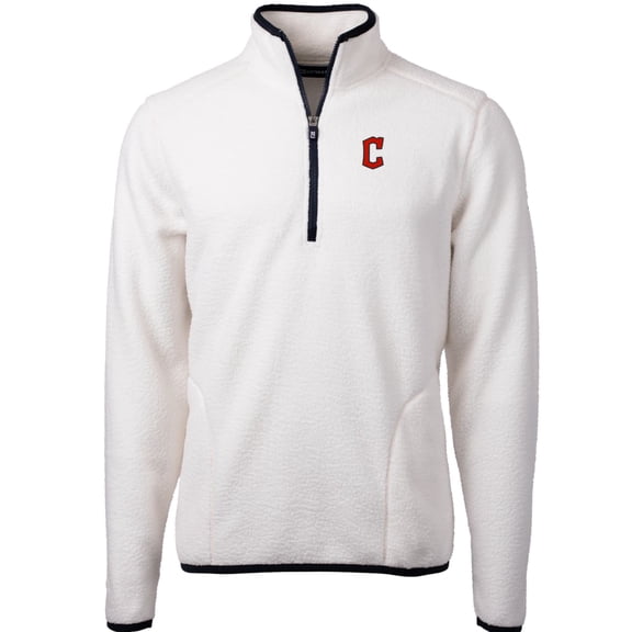 Men's Cutter & Buck White/Navy Cleveland Guardians Cascade Eco Sherpa Fleece Quarter-Zip Pullover Jacket