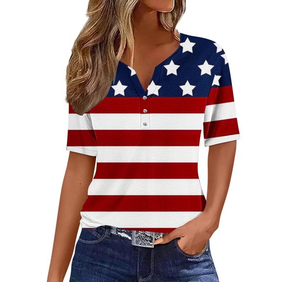 ibuvkizy 4th of July Shirts Women!Independence Day Shirts for Women Fashion V Neck Short Sleeve American Flag T-Shirt Tops,July 4th Fashion Blue L