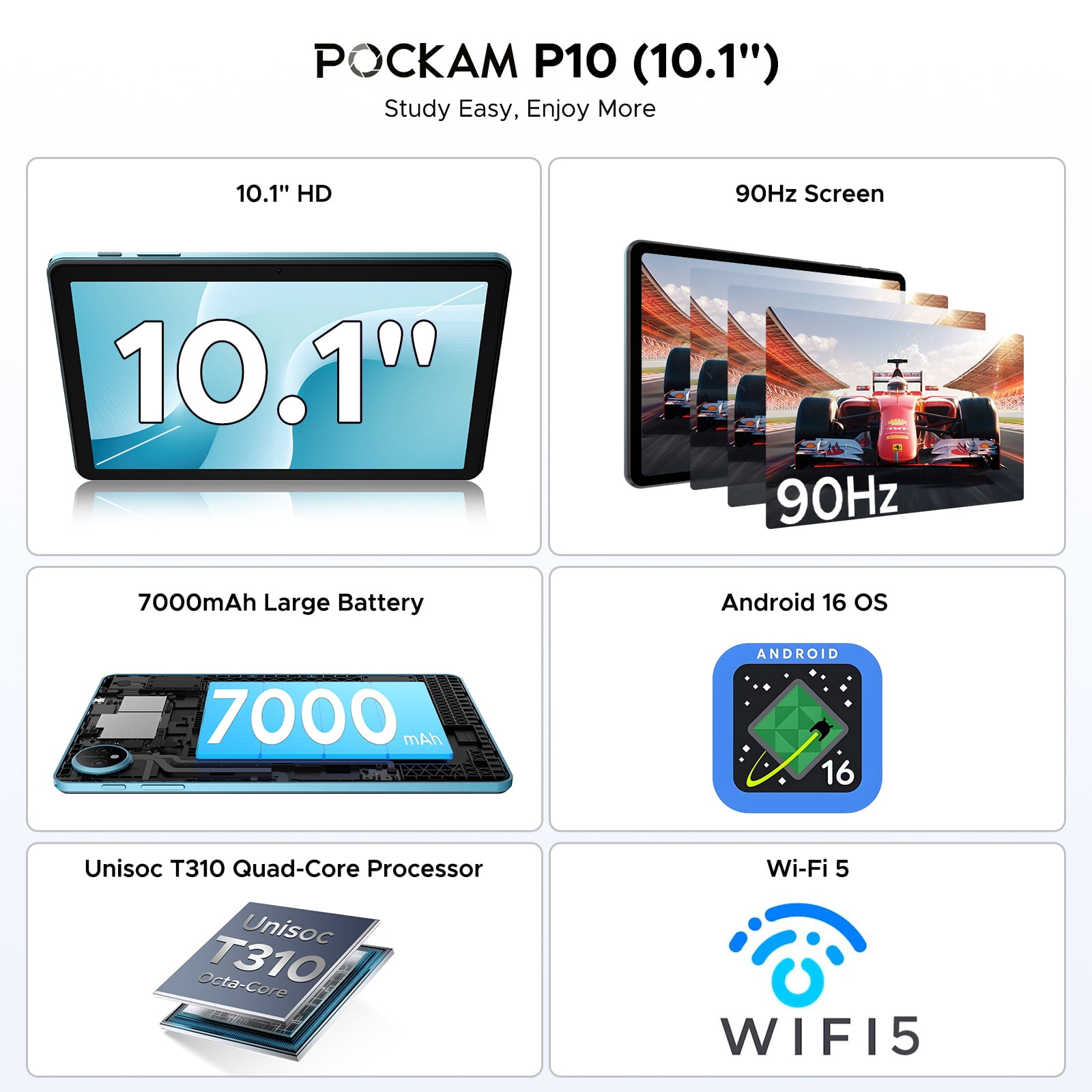 POCKAM P10 10.1 inch Tablet, 48GB RAM+128GB ROM, Android 16 Tablet with Gemini AI, 7000mAh, Unisoc T310 Quad-Core, 90Hz, 8MP+5MP, Dual Speakers, Headphone, Tablet with Keyboard, Pen, Case