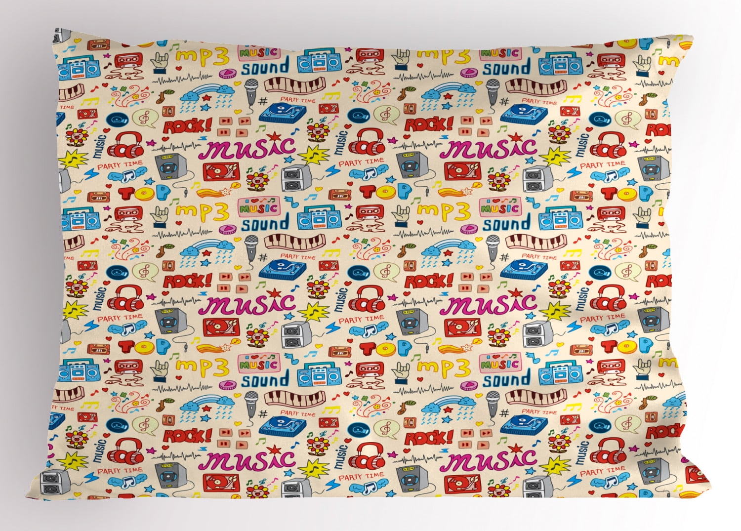 Music Pillow Sham Retro Pop Art Style Music Icons Casette Tapes Records