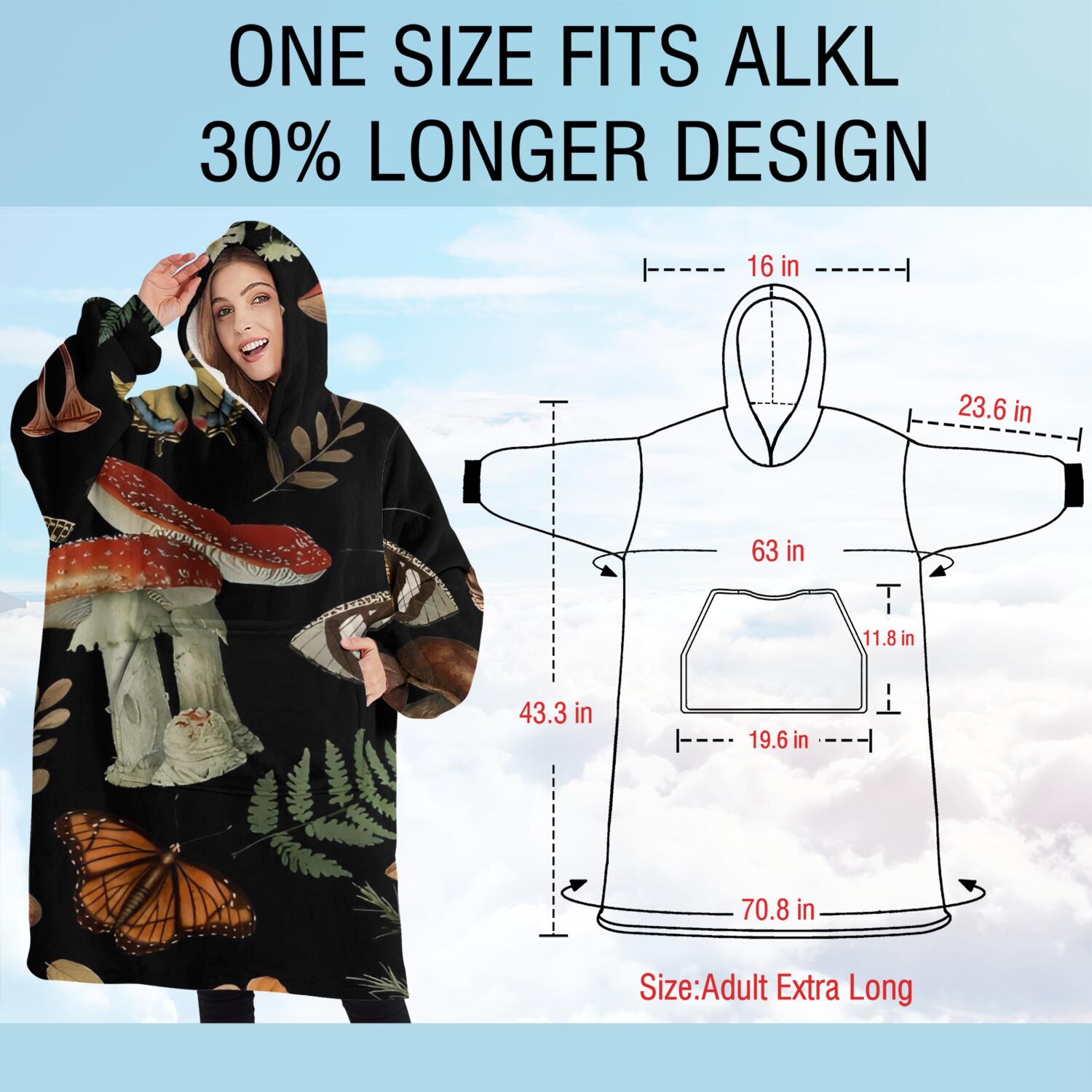 Oversized Wearable Blanket Hoodie,Red Mushroom Butterfly Black Pattern Sherpa Blanket Hoodie with Super Pockets,Super Warm Fuzzy Pullover for Women & Men