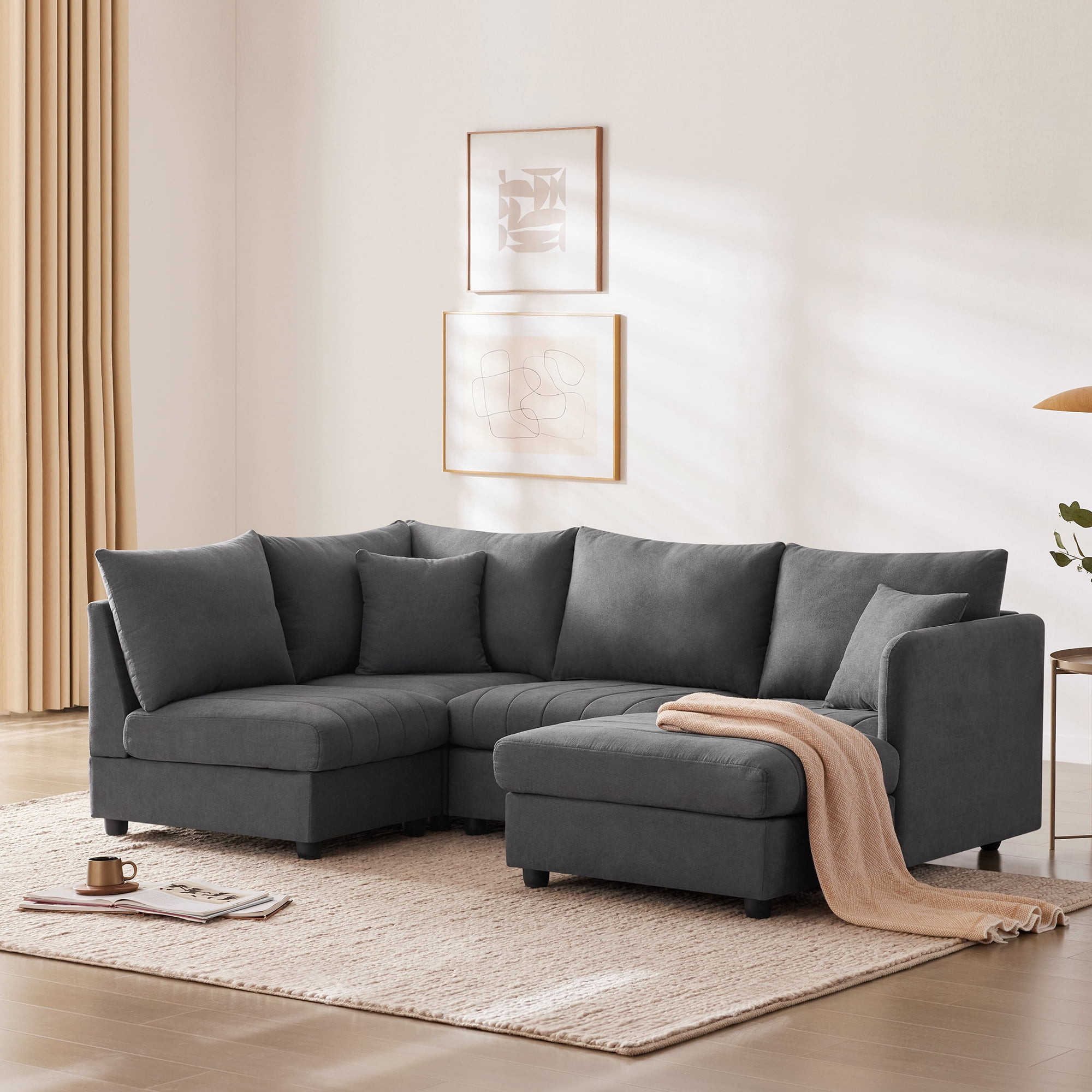 MAYEERTY 90x80" Modern Modular Sectional Sofa - Deep Seat Vertical Stripes 5-Seat Couch with Ottoman/Pillows, L-Shaped for Living Room/Apartment, 3 Colors