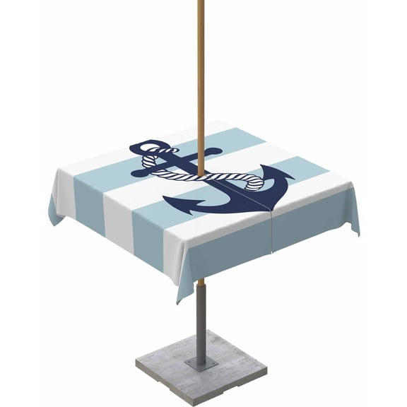 Fsddascl Aqua Stripe Nautical Outdoor Tablecloth - 60x60 Inch Square Dining Table Cover, Navy Blue Anchor Summer Coastal Waterproof Outdoor Table Cloth with Umbrella Hole & Zipper for Picnic/Patio