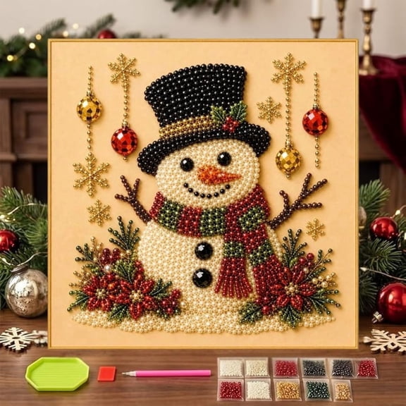 DIY Christmas Pearl Diamond Painting Art Kit with Frame, Complete Holiday Bead Craft Toolset For Adult Artists, Calming Pastime Project, Handmade Present For Holiday Visitors