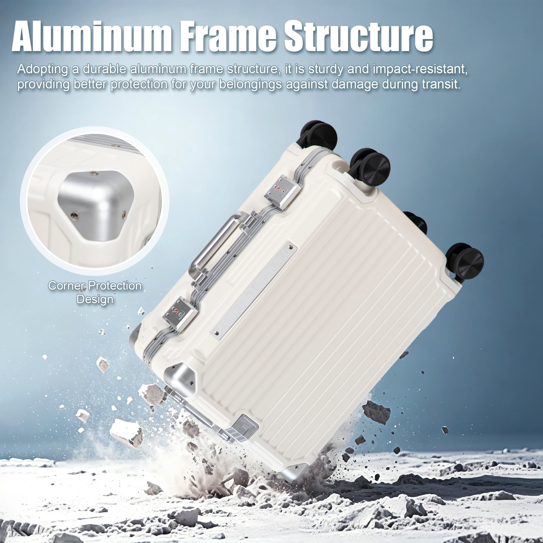 GDF Studio 20" Aluminum Frame ABS Carry-On Luggage with Charging Port & Cup Holder, Spinner Wheels Travel Trolley, Milk White