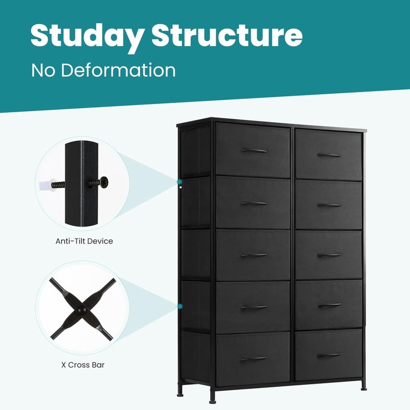 Kelno 10 Drawer Fabric Dresser Storage Tower Chest Organizer with Wood Top Steel Frame, Black