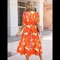 thumbnail image 4 of Vestido Floral con Escote en V para Mujer, Verano 2025, Moderno, Bohemio, Plisado, con Mangas Abullonadas. Color Naranja S, 4 of 5