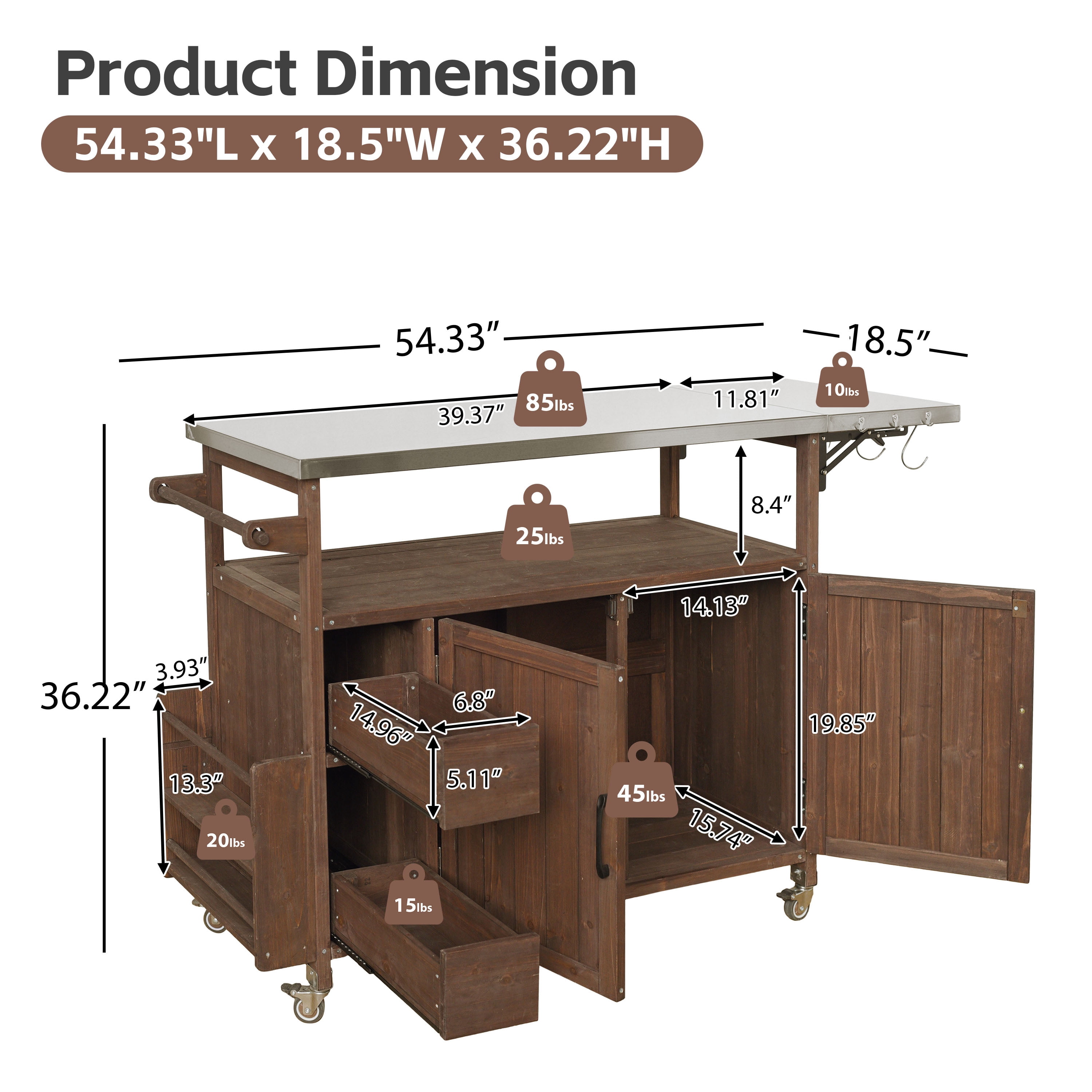 Rolling Kitchen Cart, 54.33 Inch Farmhouse Outdoor Serving Cart for Patio Backyard BBQ, Dark Brown