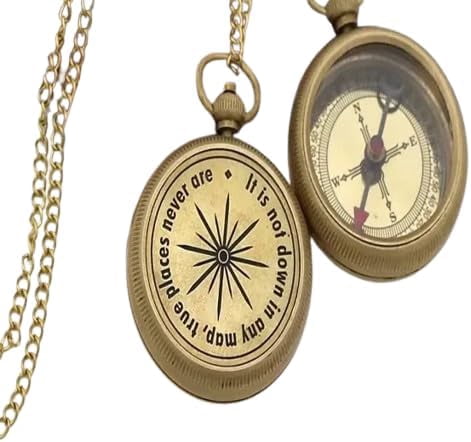 Maritime treasures Brass Pocket Compass with Chain – Engraved Compass for Explorer, Inspirational Navigation Gift