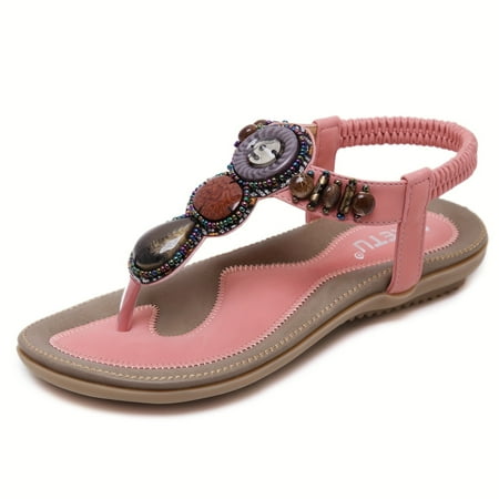 

1PC Women s Boho Style Flat Sandals Open Toe Round Toe Elastic Ankle Strap Comfy Sandals Women s Flip Flop Footwear for Holiday