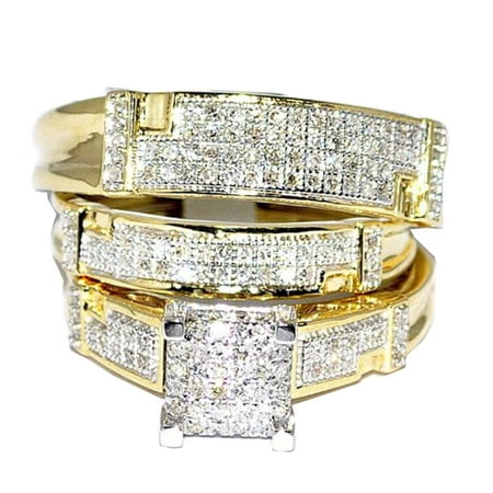 Yellow Gold Trio Wedding Set Mens Women Rings Real 1/2cttw Diamonds Pave(I/j Color 0.5cttw)