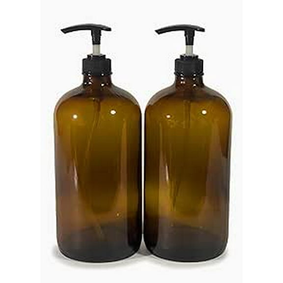 Vivaplex, 2, Large, 32 oz, Empty, Amber Glass Bottles with Black Lotion Pumps