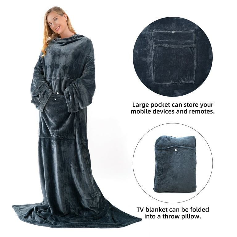 Winthome Flannel Wearable Blanket Large Soft Fleece TV Throw Wrap Robe  Blanket with Sleeves u0026 Feet Pockets Comfy Warm Full Body with Pocket Gray  55.1X70.8 - Walmart.com
