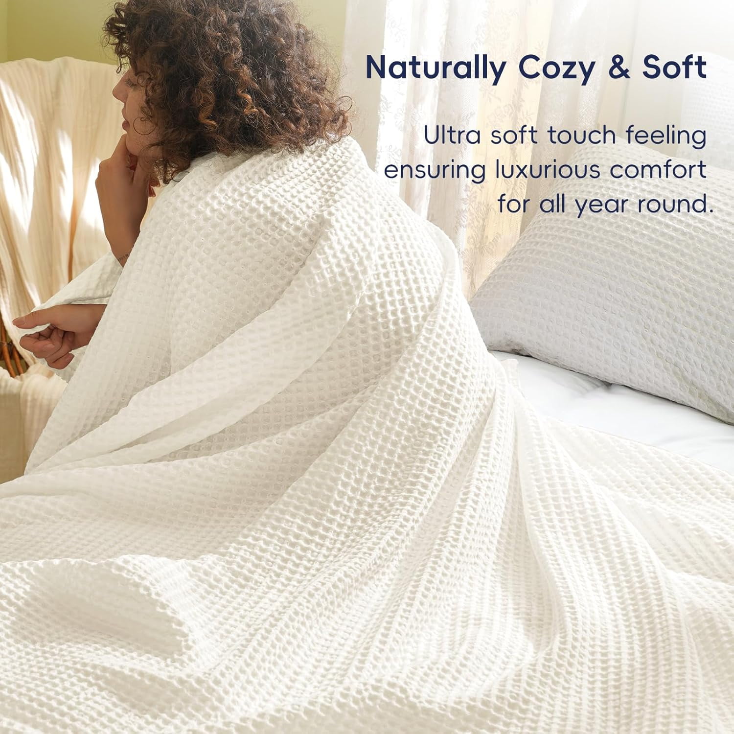 PHF Ultra Soft Waffle Weave Blanket King Size, Washed Lightweight Summer Breathable Blankets for Hot Sleeper, Coconut White, 104x90 inches