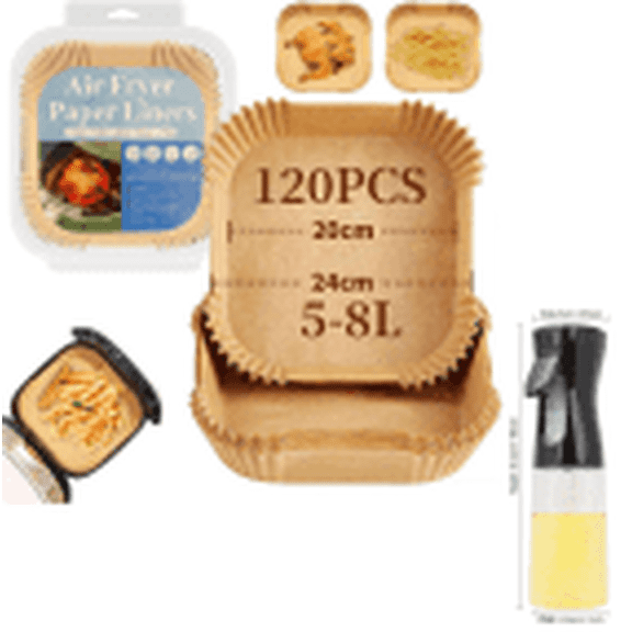 START MAKERS 120 PCS 9.4-inch Square Air Fryer Liners with 200ml Oil Spray Bottle, Non-stick, Oil-proof, Waterproof Parchment Paper for Air Fryer, Oven, and Baking