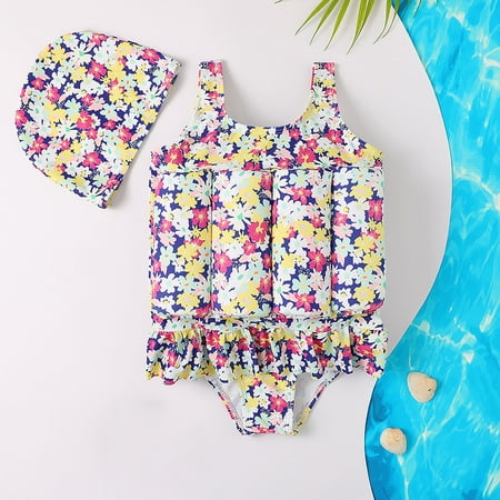 

CHGBMOK Summer Toddler Swimsuit Baby Girls Float Suit Cartoon Flower Romper Short Sleeve Buoyancy One-Piece Swimsuit Hat Suit