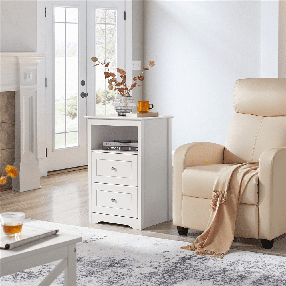 Renwick Wooden Nightstand with Storage Drawers and Open Shelf, White