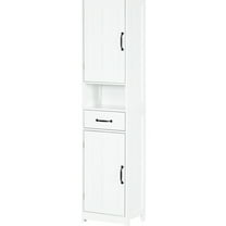 Bathroom Linen Cabinet Storage - Tall Slim With Open Shelf, Drawer, Recessed Doors & Adjustable Shelves, White