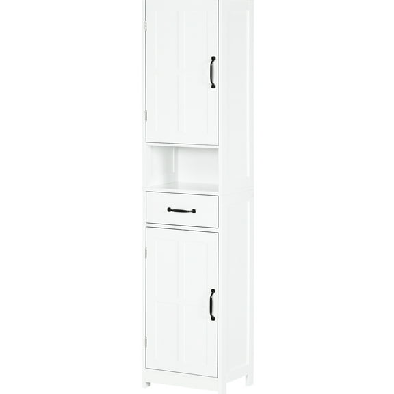 Bathroom Linen Cabinet Storage - Tall Slim With Open Shelf, Drawer, Recessed Doors & Adjustable Shelves, White