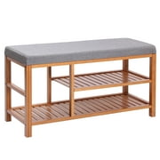 VEIKOUS 2-Tier Bamboo Entryway Shoe Rack Bench with Padded Seat, Brown