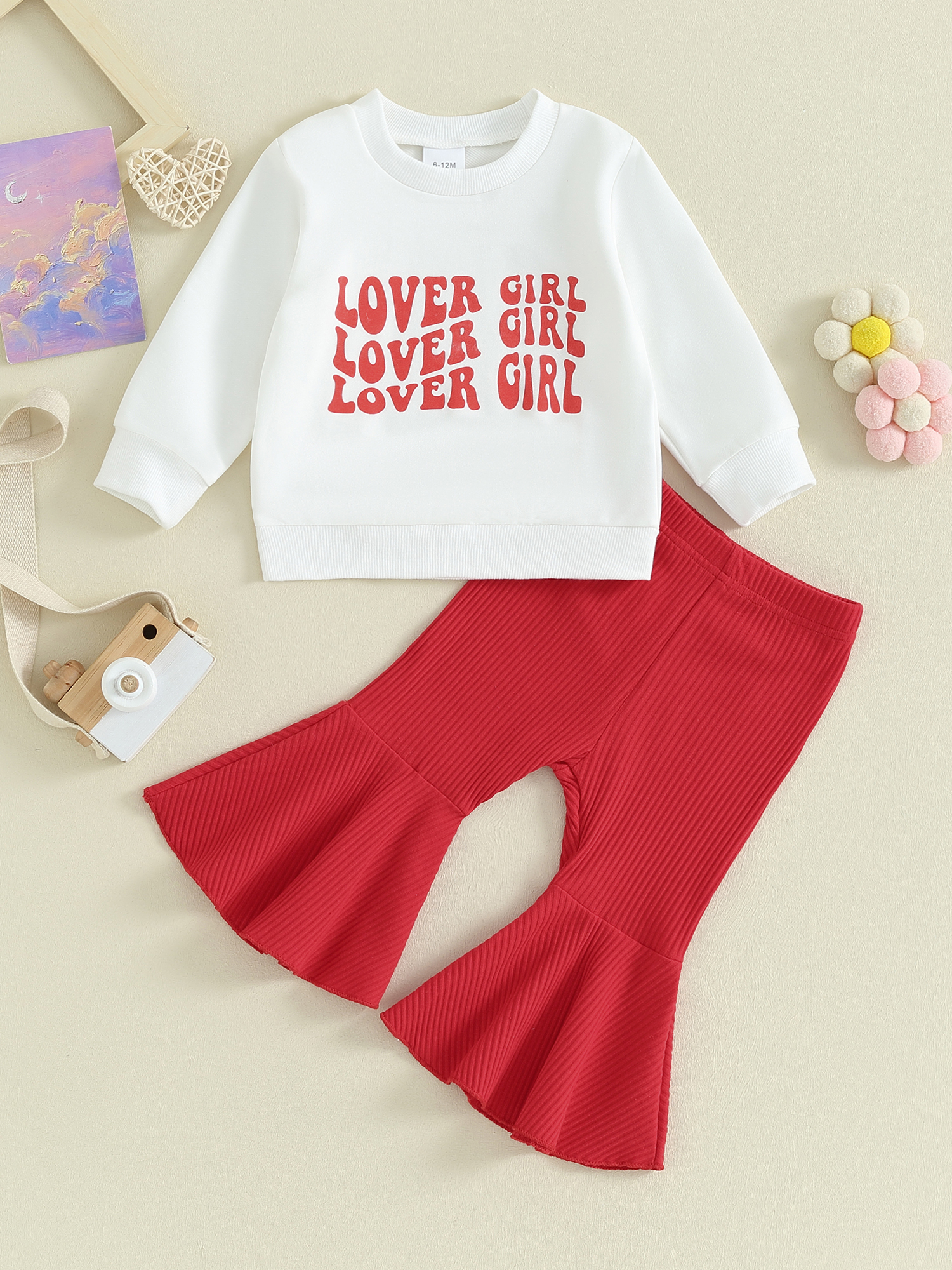 Emmababy Gorgeous Baby Girl Valentine’s Day Outfit with Sweatshirt and Ribbed Flare Pants
