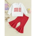 thumbnail image 2 of FEORJGP Toddler Girl Valentine’s Day Outfits Infant Baby Long Sleeve Pullover Letter Sweatshirt Crew Neck Tops + Ribbed Flare Pants Set Cute Casual Daily Clothes, 2 of 9