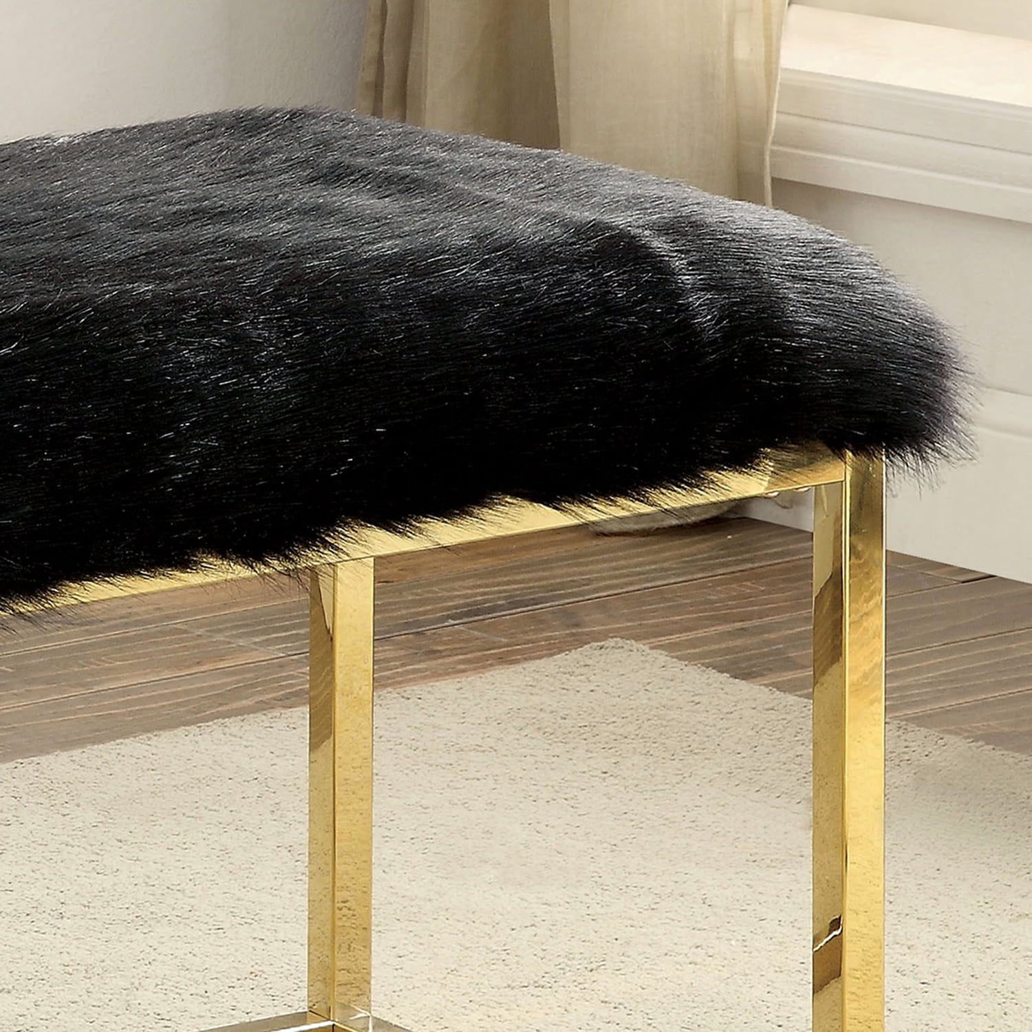 Furniture of America Euna II Faux Fur Contemporary Bedroom Bench, Black and Gold