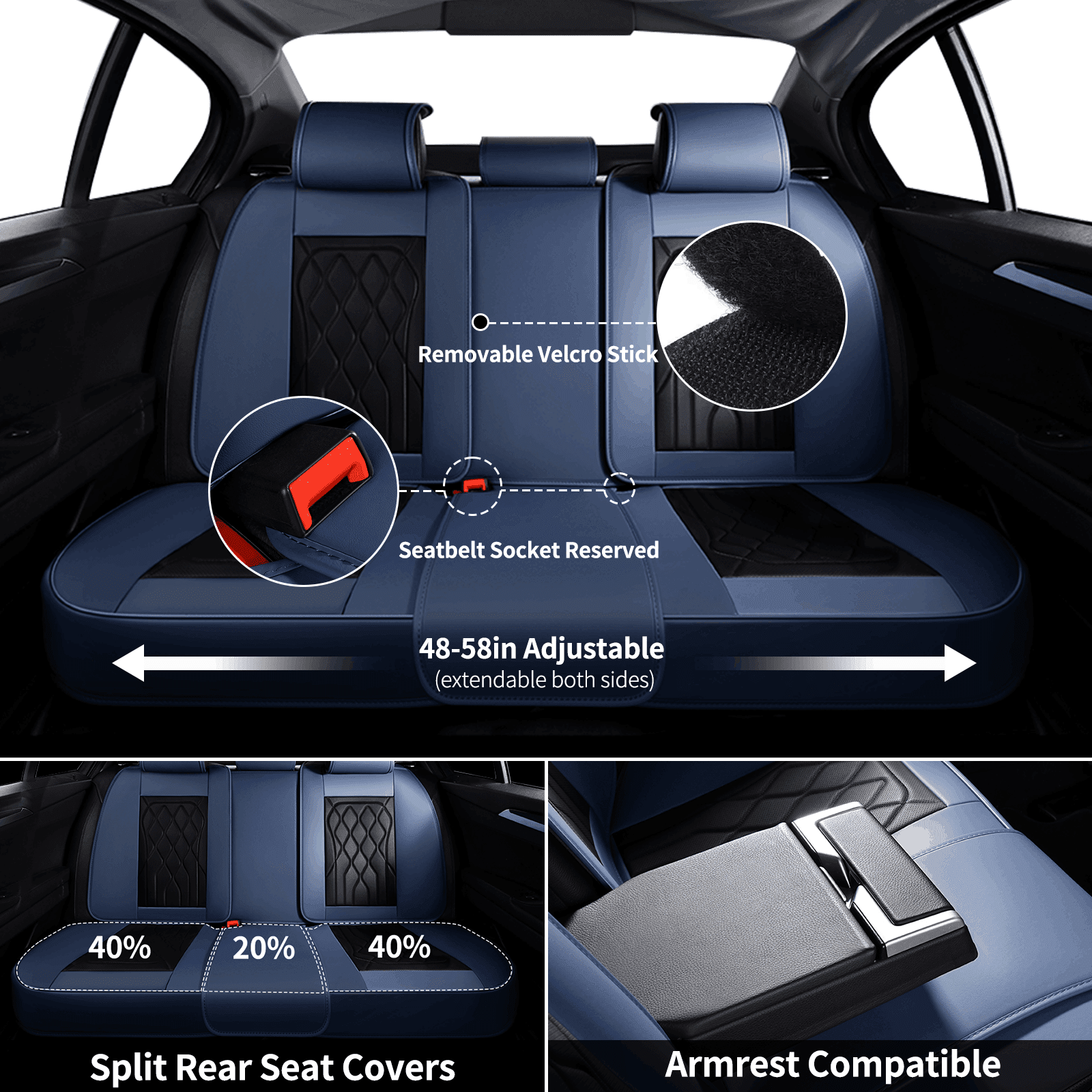 FLORICH Car Seat Covers Full Set, Waterproof Faux Leather Seat Protectors, Automotive Interior Cushions Universal Fit for Most Cars Suv Trucks, Black & Blue