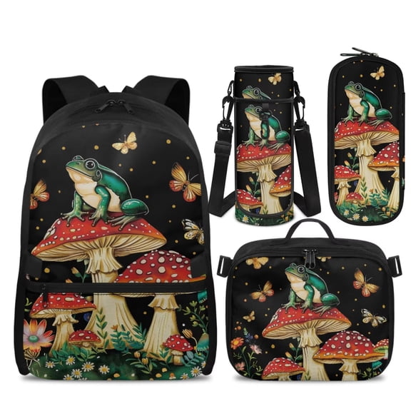 KUIFORTI Frog Mushroom Bookbag and Lunch Box, 4Pcs Kids Backpack Set for Elementary School Students, Large Capacity Boys Girls School Bag with Pencil Case Water Bottle Sleeve Back to School Gifts
