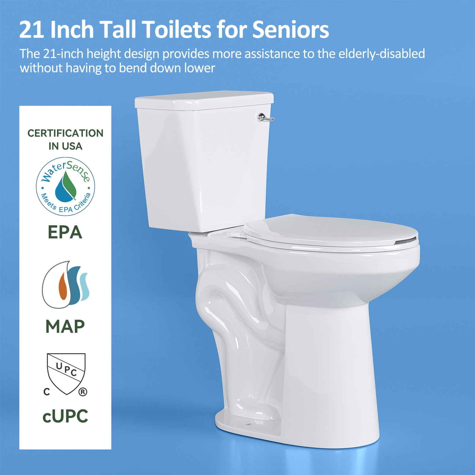 SUPERFLO  21  Inch Tall Toilet for Seniors,  ADA Elongated Height Toilet with Comfort Chair Seat, Extra Tall Toilets with 1.28 Gpf Powerful Single Flush, 12 Inch Rough In for Bathrooms &Tall Person