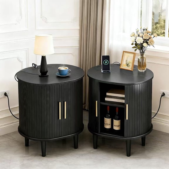 Aisword Nightstand Set of 2 with Charging Station, Fluted Accent Side Table with Sliding Door and Adjustable Shelf, End Table for Small Space, Black