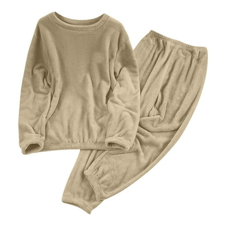Amidoa Long Sleeve Womens Pajamas Pullover Fleece Yellow Solid Tops Fuzzy Cuffed Pants Clothes Womens Tracksuit Set L