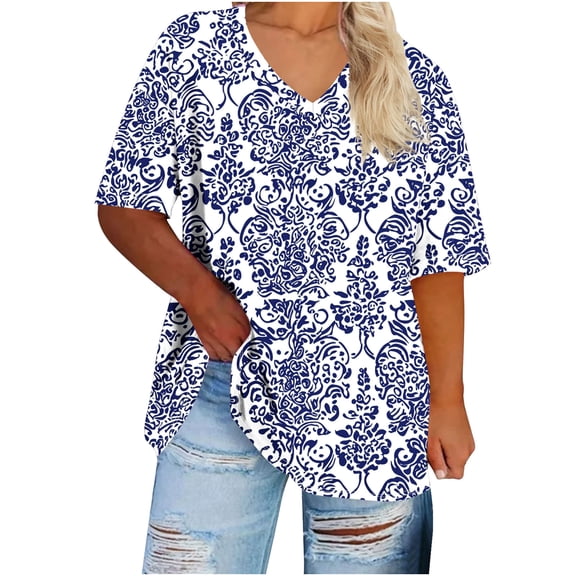Staron Summer T-Shirts for Women Plus Size Oversized V-Neck Short Sleeve Casual Loose Basic Solid Tee, Blue 4XL