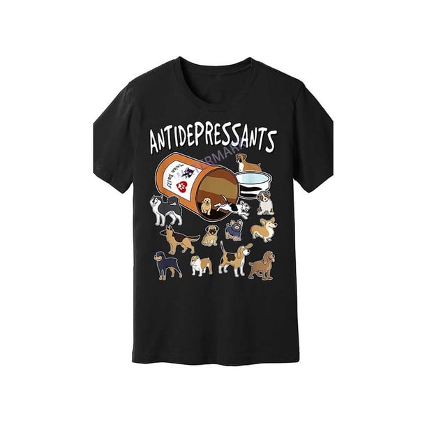 Camiseta gráfica divertida de perros antidepresivos para hombre, manga corta, negra, cuello redondo, informal, de algodón transpirable, ligeramente elástica, top de moda de verano, corte estándar, cam