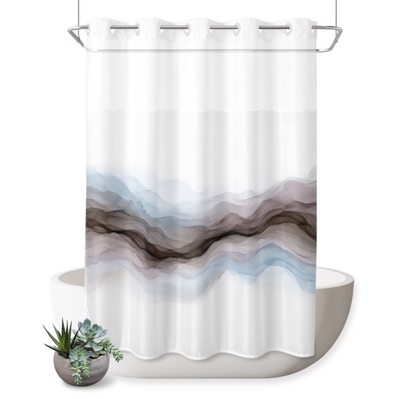 No Hook Shower Curtain, Brown Blue Ombre Shower Curtains for Bathroom with See Through Top Window, Modern Abstract Watercolor Minimalist Waterproof & Washable Bath Curtain Stall 48"x72"