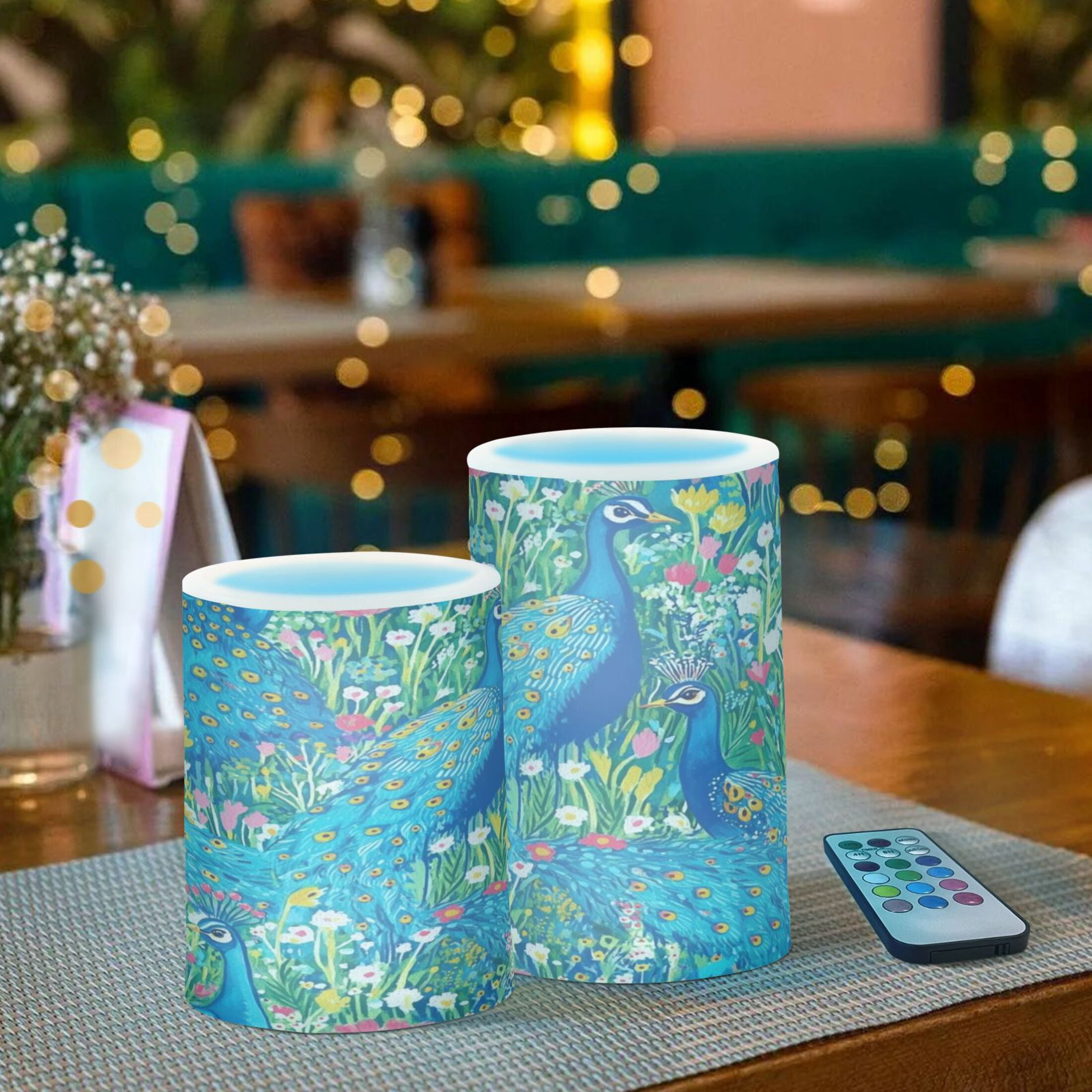 Regal Peacocks Set of 2 Flameless LED Candles Remote and Timer Indoor Outdoor