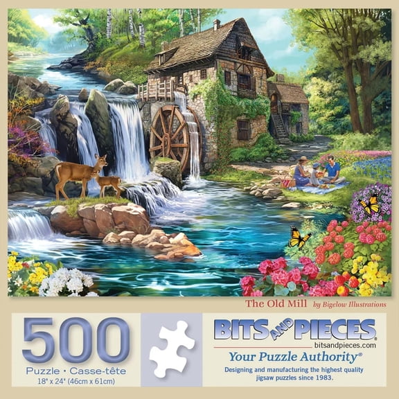 Bits and Pieces 500-Piece Jigsaw Puzzle for Adults – The Old Mill Landscape, River & Waterfall Scene, Large 15" x 19", No 2 Pieces Alike
