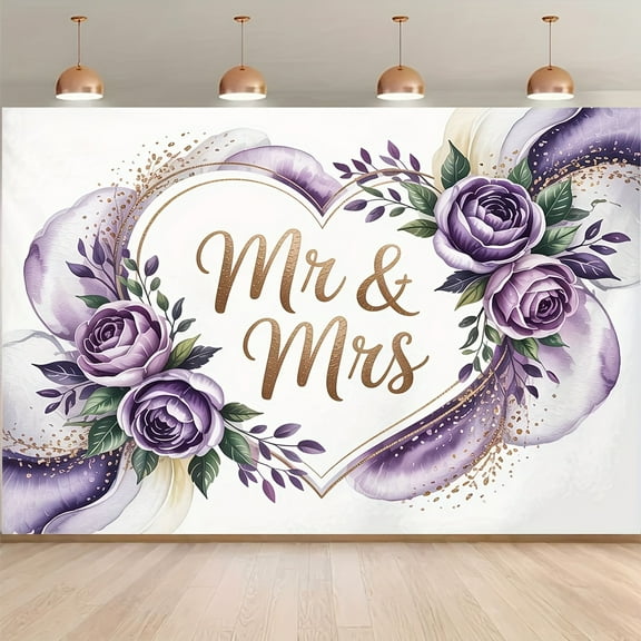 Mr & Mrs Purple Floral Wedding Backdrop Heart Wreath Couples Bridal Shower Photography Background Watercolor Rose Golden Glitter Dots Bride to Be Engagement Party Decorations Banner Photo Booth Props